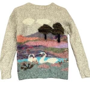VTG Susie Lee Mohair Swan Sweater Womens S M Lake Scene Country Cottagecore